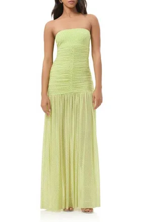 AFRM Denise Polka Dot Ruched Strapless Maxi Dress in Citrus Pin Dot at Nordstrom, Size X-Small