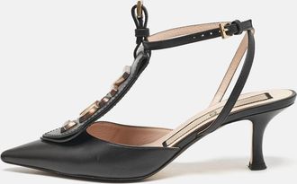 N&deg;21 N21 Black Leather Logo Pointed Toe Ankle Strap Pumps