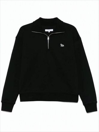 Maison Kitsuné Half-Zip Black Pullover With High Collar And Ribbed Details