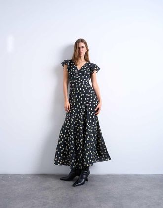 Topshop Vestito midi a pois monocromatico con manica con volant e scollo a V-Rosa