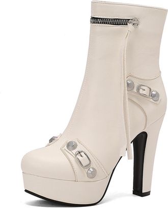 Generic Womens Faux Leather Ankle Boots Buckle Round Toe Platform High Heel Stud Detail Zip Closure Tassel Accent Stylish For Evening Party Night Out,White,6.