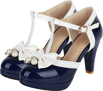 Generic Heels Womens Rock Shoes Strap Pump Patent Leather Block High Heel Multicolor Bowknot Womens Pump