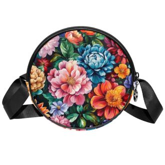 Generic Circle Crossbody Bag for Women, Bright Red Rich Flower Small Sling Bag Daypack with Zipper Adjustable Shoulder Straps Casual Ladies Girls Round Purse