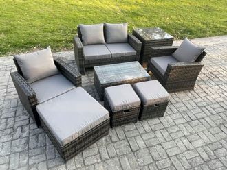 Fimous 7 Seater Outdoor Lounge Sofa Set Wicker PE Rattan Garden Furniture Set with Rectangular Coffee Table Double Seat Sofa in Dark Grey
