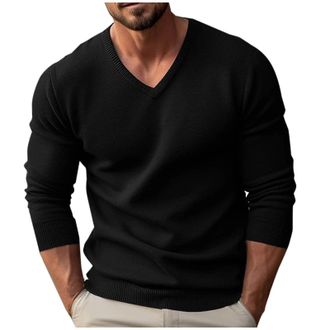Generic Mens V Neck Jumpers Sale Clearance Long Sleeve Sweater Classic Plain Pullover Jumper Tops Autumn Winter Solid Color Knitted Warm Jumper Knitwear Casua