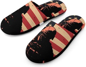 Generic Soldier with U.S.A Flag Mens Cozy House Slippers Winter Warm Shoes with Anti-Slip Sole for Travel Indoor Outdoor