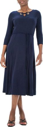 Nina Leonard Grommet Split Neck A-Line Midi Dress in Navy/gold at Nordstrom Rack, Size X-Large
