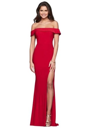 Faviana Long Jersey Off-The-Shoulder Dress In Red