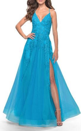 La Femme Tulle Prom Dress with Floral Detail and Side Slit in Aqua at Nordstrom, Size 10