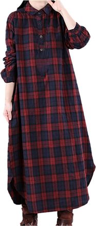 Generic Plaid Longline Shirt Dress for Women UK Long Sleeve T Shirts Lapel Linen Blouses Casual Plaid Button Down Shirt Comfort Loose Check Blouse Tops Comfy 