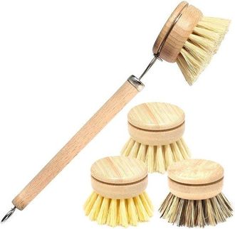 OEM Cepillo De Cocina Natural, Juego De Cepillos De Limpieza, Juego Con 3 Cabezales De Repuesto Para Ollas, Sartenes, Botellas Y Fregaderos