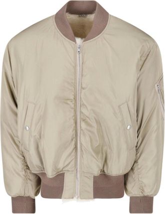 Auralee Green Silk Twill Shearling Bomber Jacket