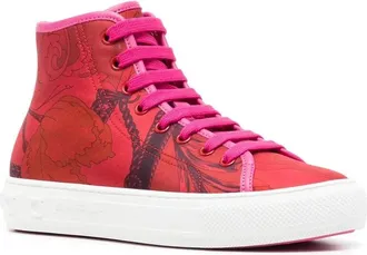 Ferragamo Scarf-Print Canvas High-Top Sneaker - Red