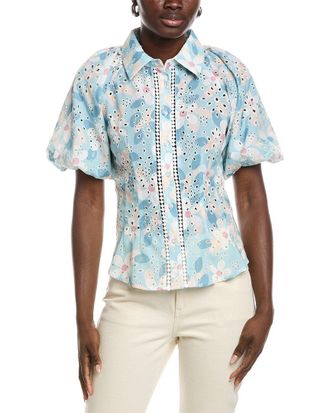 Gracia Floral Print Eyelet Puff Sleeve Button Down Shirt