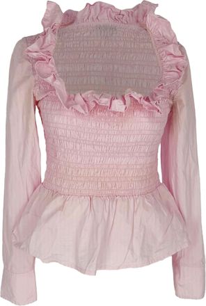 Ganni Ganni Smocked Long Sleeve Blouse in Pink Cotton