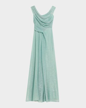 Talbot Runhof Draped Off-The-Shoulder Metallic Plisse Gown