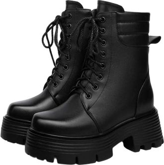 Generic Winter Boots Women High Heel Genuine Leather Chunky Boots Thick Lace-Up Wool Booties