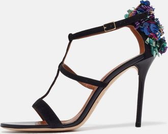 Malone Souliers Black Suede Floral Embellished Ankle Strap Sandals