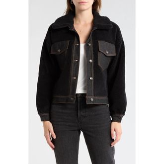 Madden Girl Denim Trim Faux Shearling Shacket in Black at Nordstrom Rack, Size Medium
