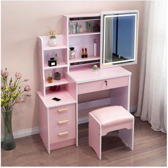 Trade Shop TrAdE Shop Traesio - Set Tavolo Da Toeletta Per Trucco Cosmetici Con Specchio Led Morbido Sgabello Cassetti - Rosa