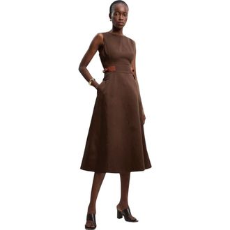 Karen Millen Fitted Belt Crew Neck Midi Dress in Chocolate at Nordstrom, Size 12