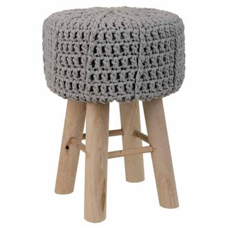 Wanderlust Deco Taburete De Madera Y Algod&oacute;n Trenzado Gris 32x32x44