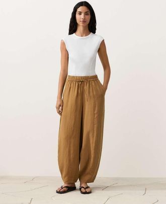 Oysho Pantaloni a palloncino marroni in misto lyocell e 24% lino con cuciture-Marrone