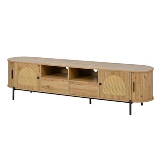 Urban Meuble Mueble TV ovalado efecto madera natural y rat&aacute;n 2 puertas correderas