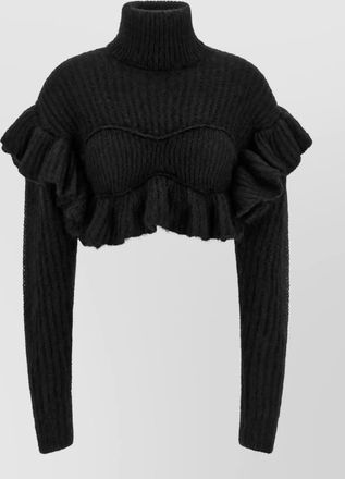Elisabetta Franchi mohair ribbed ruffled high neck cropped sweater