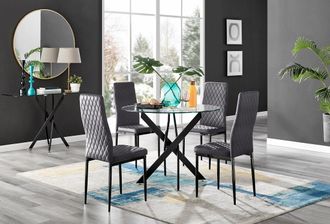 Furniturebox Novara 4 Seater Black Leg Round Glass Dining Table & 4 Milan Soft Velvet Black Leg Chairs in Grey