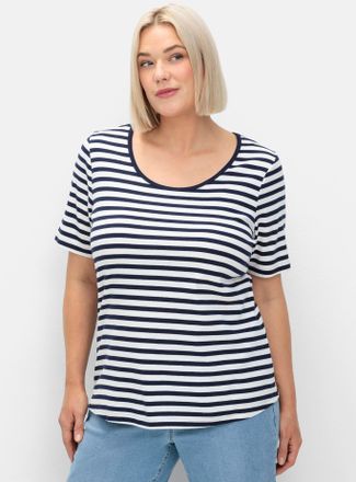 Sheego Kurzarmshirt SHEEGO T-Shirt, Damen, Gr. 40, blau (marine, wei&szlig;), 100% Baumwolle, gemustert, gestreift, mehrfarbig, Rundhals, Shirts Kurzarmshirt