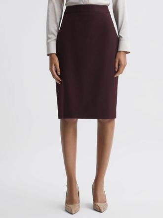 Reiss Jade Berry Wool Blend Fitted Midi Skirt, 14, Camel & brown
