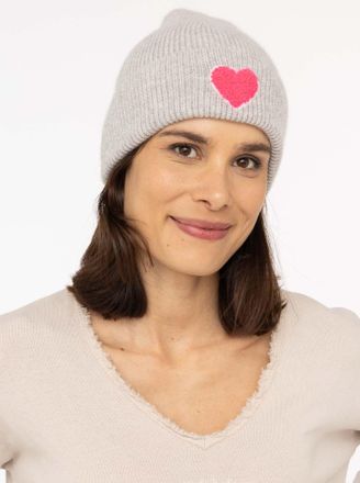 Zwillingsherz Beanie ZWILLINGSHERZ Heart Patch, Damen, grau, Grobstrick, Materialmix, unifarben mit Farbeinsatz, M&uuml;tzen Beanie, Grobstrick, Herzmotiv,Wollanteil, br