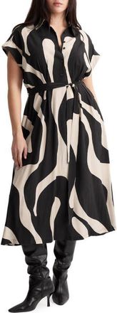 Mango Abstract Print Belted Shirtdress in Black at Nordstrom, Size 6