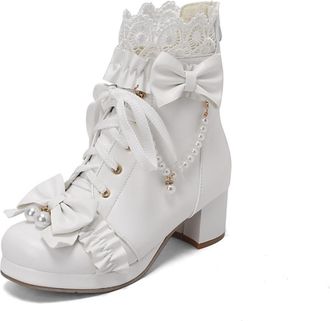 Generic Womens Round Toe PU Leather Ankle Boots Bow Pearl Chain Lace Up Ruffled Lace Trim Block Heels Soft Lining Cushioned Insole Durable Outsole,White,4.5 U