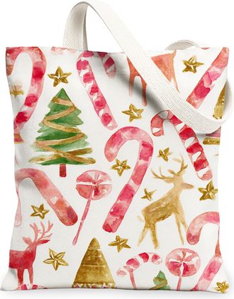 Generic Christmas Tree Canvas Tote Bags, Candy Cane Design Reusable Grocery Bags, Vintage Lightweight Washable Shoulder Strap for T, White, 13x15 Inch