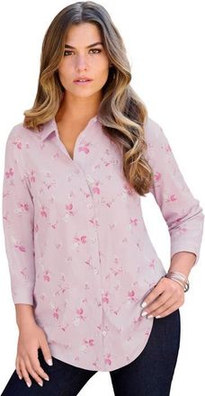 Roaman's Plus Size Kate Long Sleeve Easy Cotton-Blend Button-Front Shirt in Lavender Pretty Floral at Nordstrom, Size 40