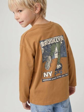 Vertbaudet Jungen Langarmshirt mit Print vorne und hinten ocker