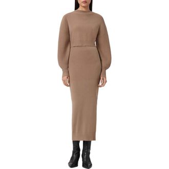 AllSaints Dina Blouson Sleeve Sweater & Knit Midi Dress Set in Pine Bark Brown at Nordstrom, Size Medium