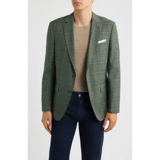 BOSS Hutson Slim Fit Green Windowpane Check Virgin Wool Sport Coat at Nordstrom, Size 40