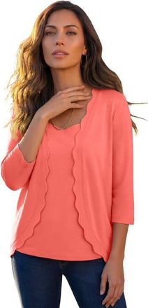 Roaman's Scalloped Cardigan And Tank Set in Sunset Coral at Nordstrom, Size 28