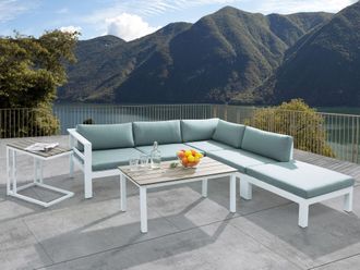 Beliani Conjunto De Sala De Estar 5 Plazas De Metal Blanco Madera Clara Verde Menta Cojines Mesa Messina