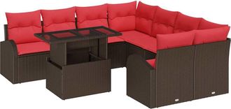 vidaXL Conjunto De Sof&aacute; De Jard&iacute;n 9 Uds. Marr&oacute;n Rattan De Poli&eacute;ster Vidaxl