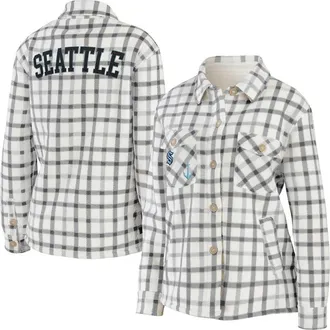 WEAR by Erin Andrews Womens WEAR by Erin Andrews Oatmeal Seattle Kraken Plaid Button-Up Shirt Jacket at Nordstrom, Size Medium