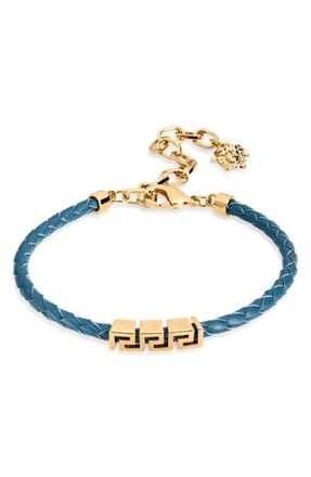 Versace Mens Greca Braided Leather Bracelet in Dark Teal-Versace Gold at Nordstrom