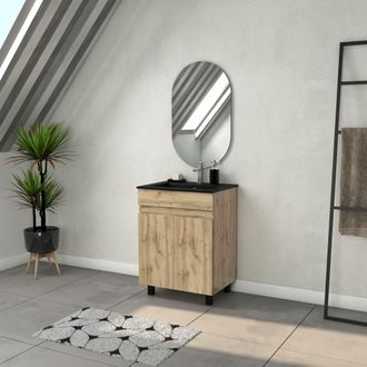 Aurlane Mueble De Ba&ntilde;o 60cm Con 2 Puertas Aspecto Roble Natural + Lavabo Negro Y Espejo Ovalado