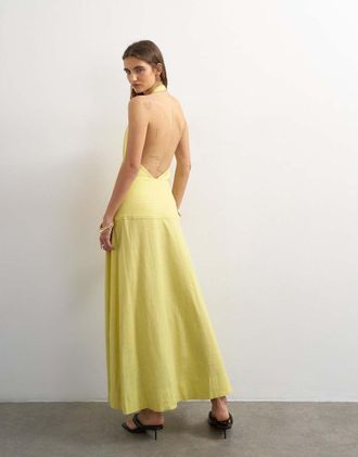 Topshop Vestito lungo premium avvolgente allacciato al collo in misto lino color lime tenue-Verde