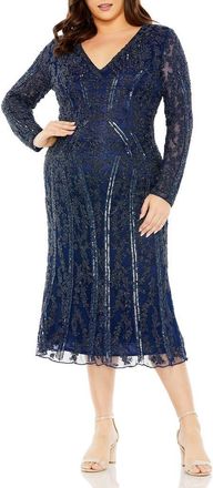 Mac Duggal V-Neck Sheer Embellished Mesh Gown in Midnight at Nordstrom, Size 22W