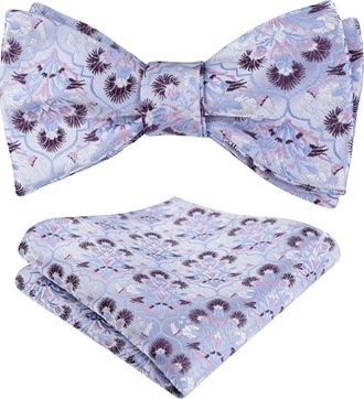 Alizeal Mens Floral Self Tied Bow Tie and Pocket Square for Wedding Party Business Tie Set, Lilac+Purple