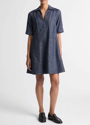 Vince Cotton-Linen Chambray A-Line Dress In Indigo